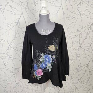 CO2 Paris Black Floral Print Round Neck Peplum Tiered Flowy Tunic